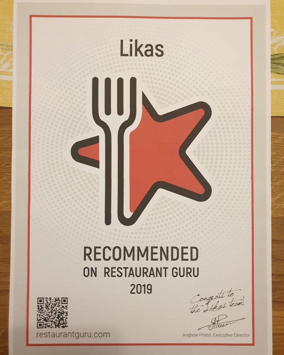 Lika's Restaurant award